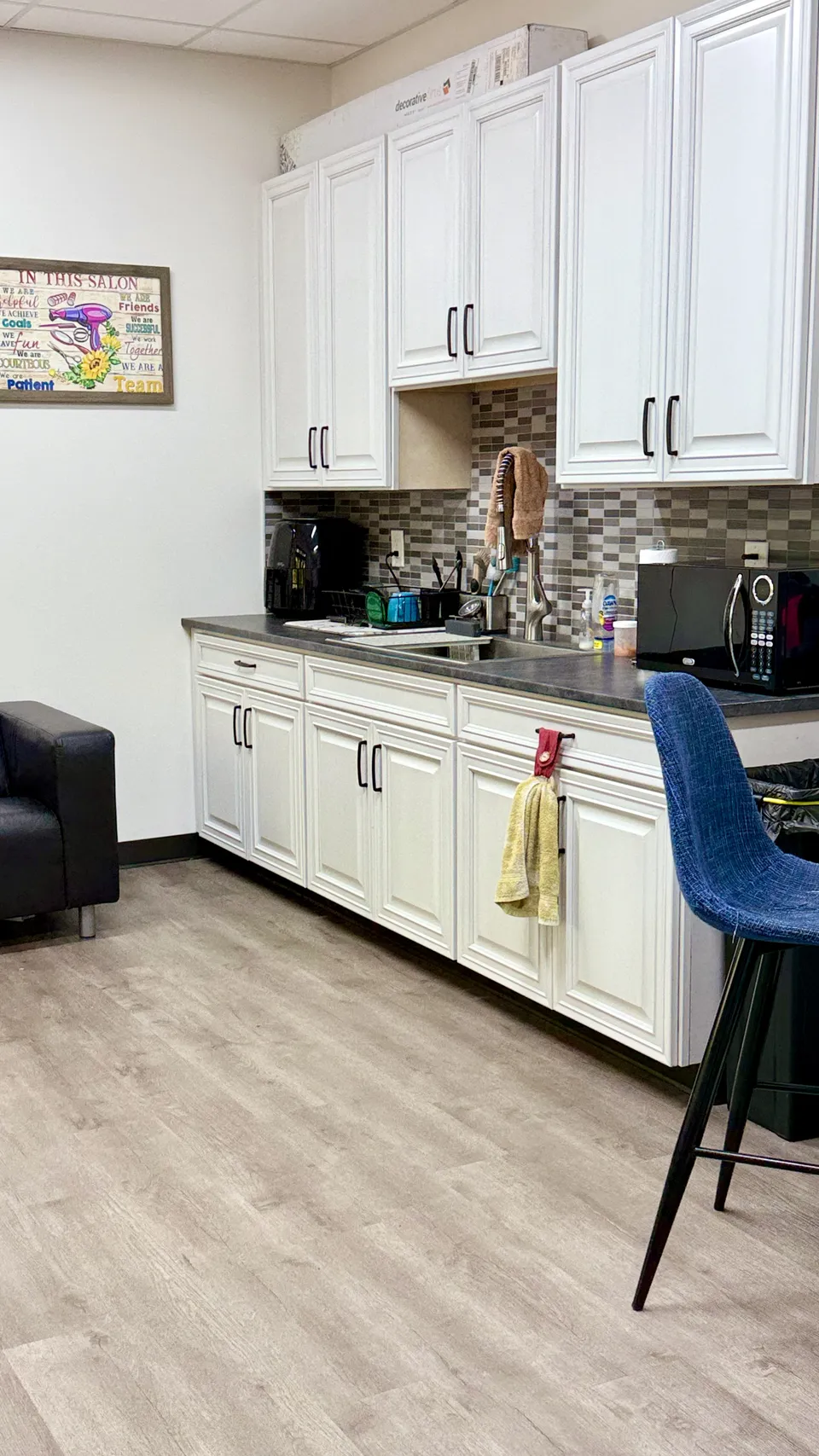 The shared breakroom at Main Street Station, with kitchen counter and cabinetry